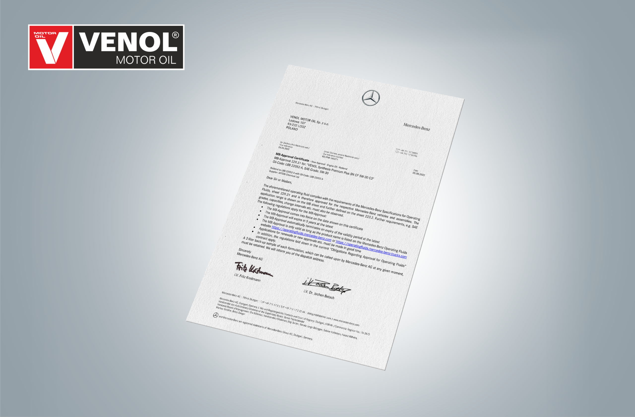 MB-APPROVAL 229.31 do oleju Venol Synthesis Premium Plus SN CF 5W30 C3